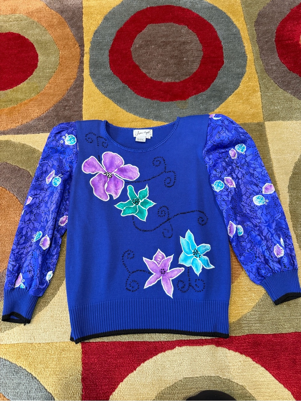 Jaymee Papell Vintage 80’s Sweater 3/4 Sleeve Floral Blue Puff Sleeve Size Small
